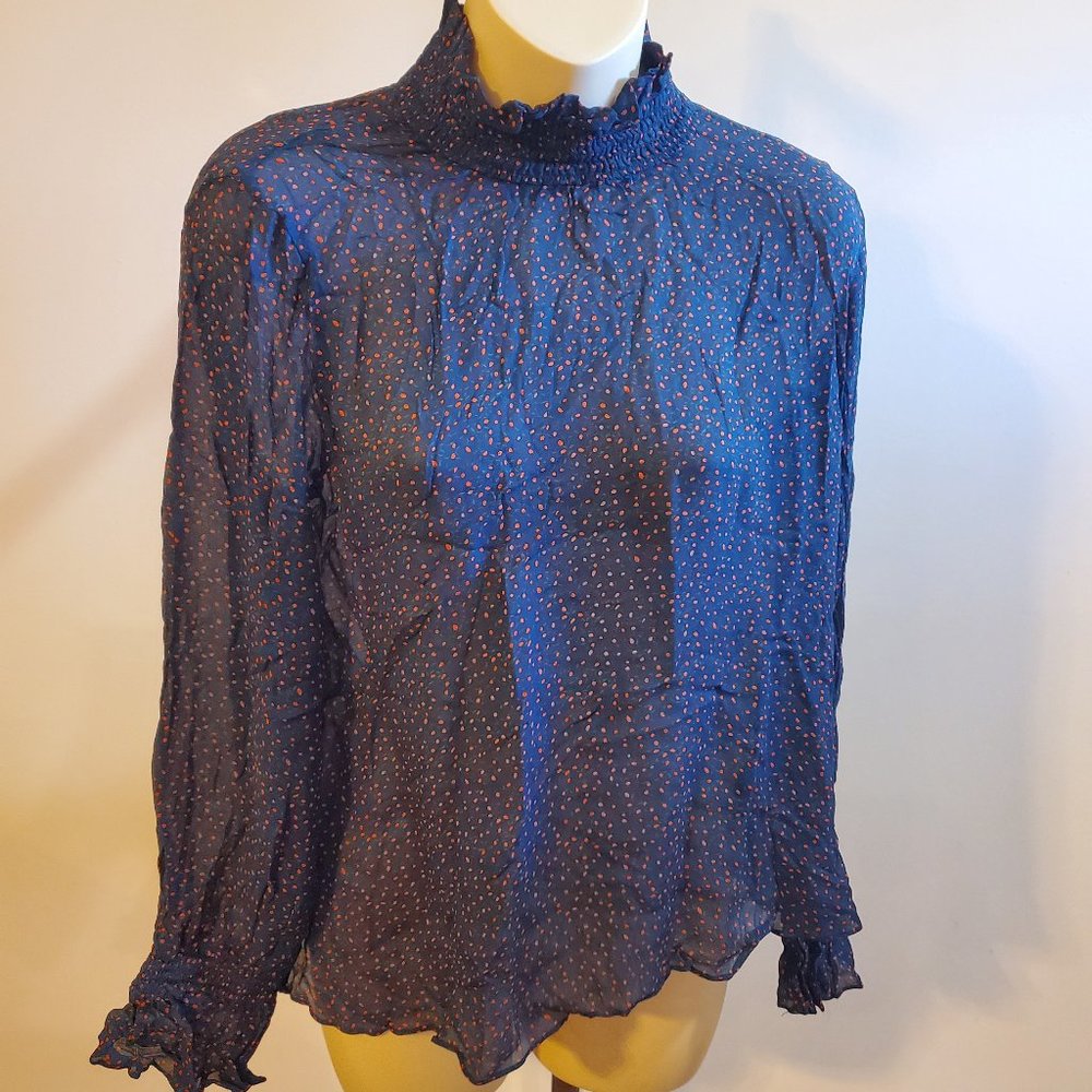 Just female sheer black and red polka dot top JUST size large 100% visc